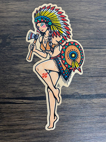 Traditional Tattoo Native American Indian Warrior Girl Pinup Vinyl Sticker Decal