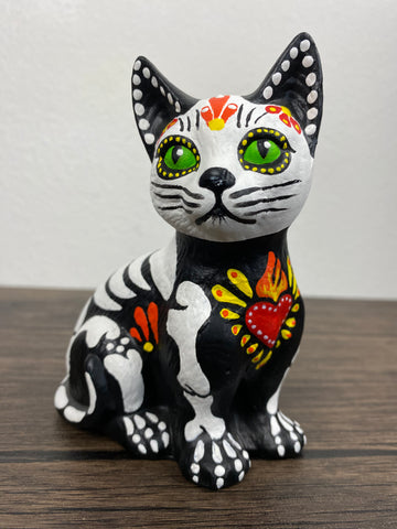 Day of the Dead Skeleton CAT Ceramic Dia de los Muertos 5” Statue Figurine with Sacred Heart