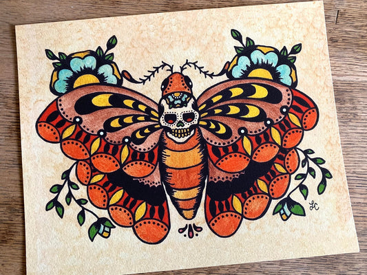 Traditional Tattoo Death Moth Sugar Skull Art Print