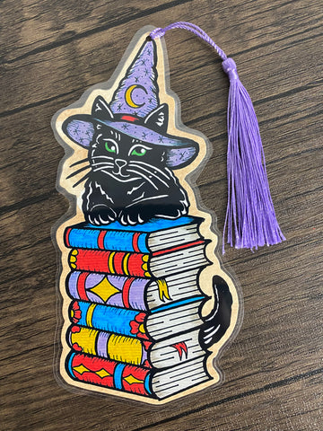 Traditional Tattoo Witch Black Cat Magical Bookmark Spellbook - Choose Your Tassel Color