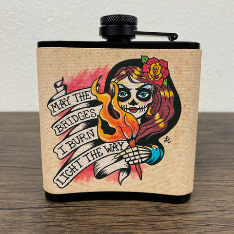 Day of the Dead Flask “May The Bridges I Burn” Tattoo Art 6 Oz, Black, Stainless Steel with Funnel