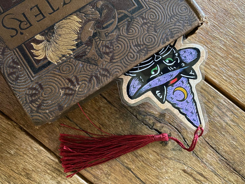 Traditional Tattoo Witch Black Cat Magical Bookmark Spellbook - Choose Your Tassel Color