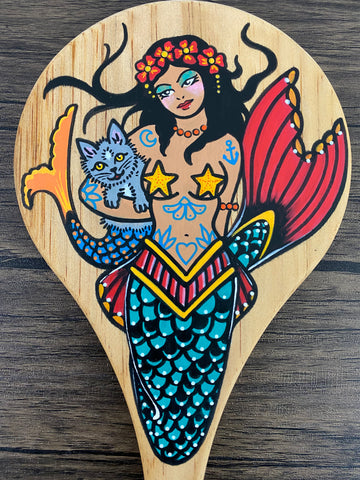 Mermaid and Mercat Tattoo Art Wood Hand Mirror