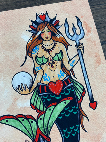 "Queen Of Hearts" Mermaid Traditional Tattoo Art Print