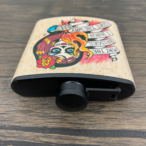Day of the Dead Flask “May The Bridges I Burn” Tattoo Art 6 Oz, Black, Stainless Steel with Funnel