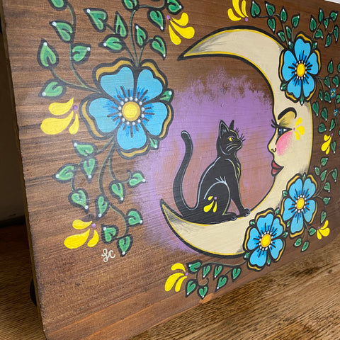 Black Cat and Moon Folk Art Wood Altar Table Stand