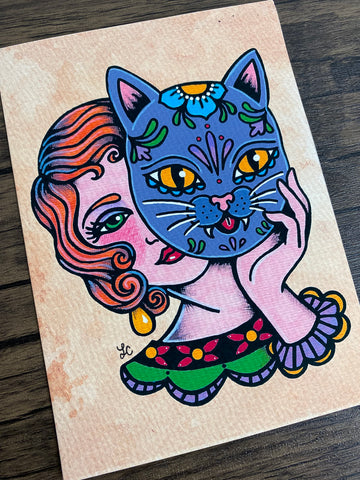 Day of the Dead Cat Mask Traditional Tattoo Art Print