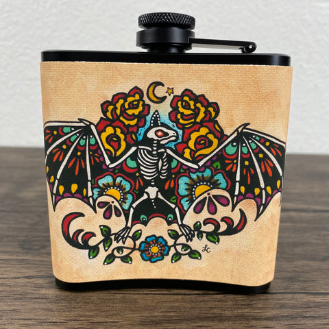 Skeleton Bat Flask Tattoo Art 6 Oz, Black, Stainless Steel with Funnel