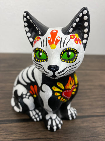 Day of the Dead Skeleton CAT Ceramic Dia de los Muertos 5” Statue Figurine with Sacred Heart