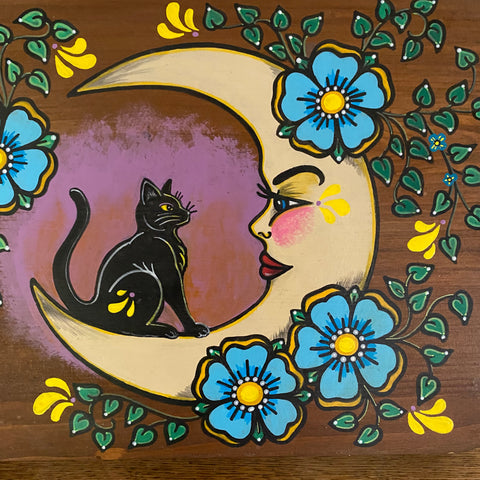 Black Cat and Moon Folk Art Wood Altar Table Stand