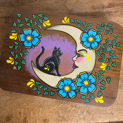 Black Cat and Moon Folk Art Wood Altar Table Stand