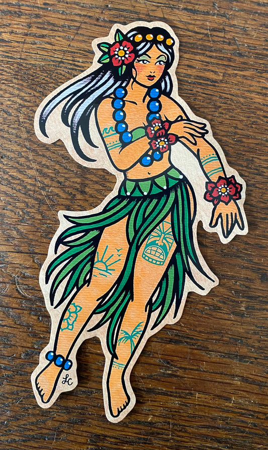 Traditional Tattoo Hula Girl Pinup Tiki Vinyl Sticker Decal