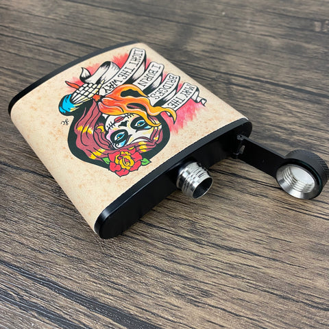 Day of the Dead Flask “May The Bridges I Burn” Tattoo Art 6 Oz, Black, Stainless Steel with Funnel