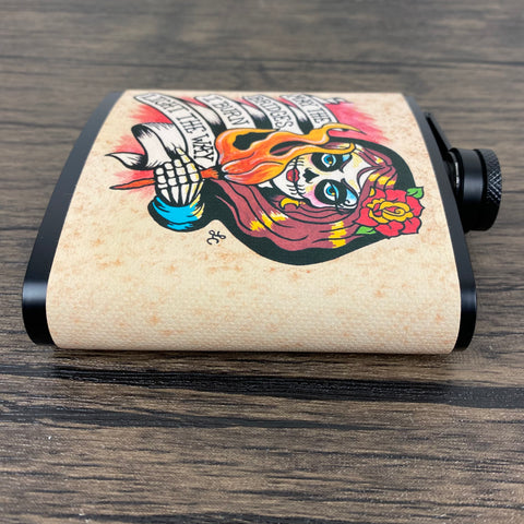 Day of the Dead Flask “May The Bridges I Burn” Tattoo Art 6 Oz, Black, Stainless Steel with Funnel