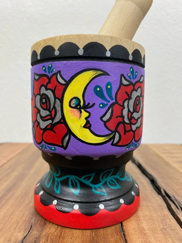 Folk Art Moon Wood Mortar And Pestle