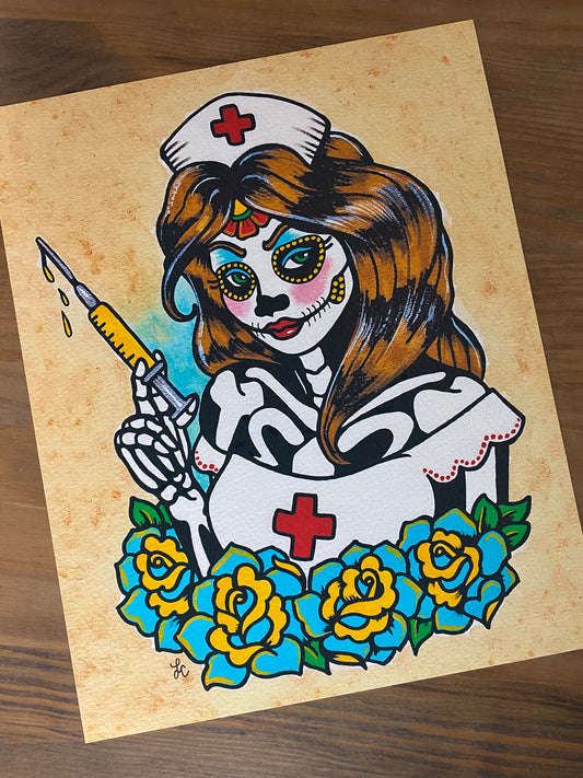 Day of the Dead Nurse Traditional Tattoo Art Print
