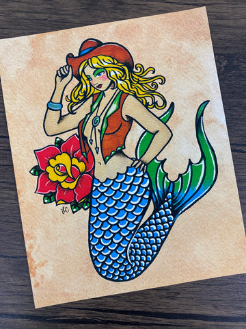 Cowgirl Mermaid Traditional Tattoo Southwest Art Print