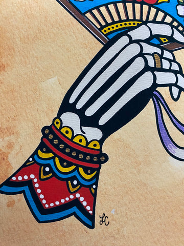 Day of the Dead La Catrina Skeleton Hand with Fan Traditional Tattoo Art Print