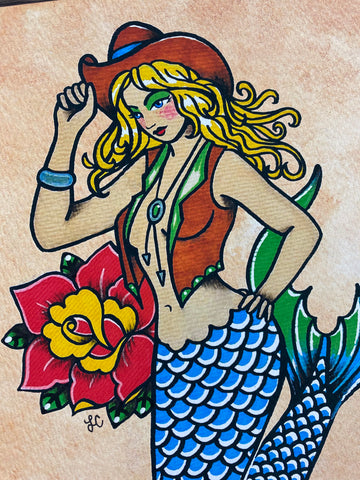 Cowgirl Mermaid Traditional Tattoo Southwest Art Print