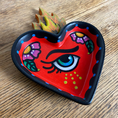 Hand Painted Sacred Heart Jewelry Dish Tray Folk Art