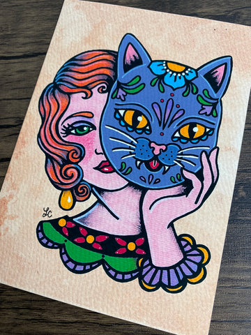 Day of the Dead Cat Mask Traditional Tattoo Art Print