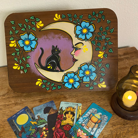 Black Cat and Moon Folk Art Wood Altar Table Stand