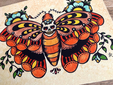 Traditional Tattoo Death Moth Sugar Skull Art Print