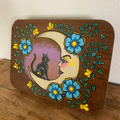 Black Cat and Moon Folk Art Wood Altar Table Stand
