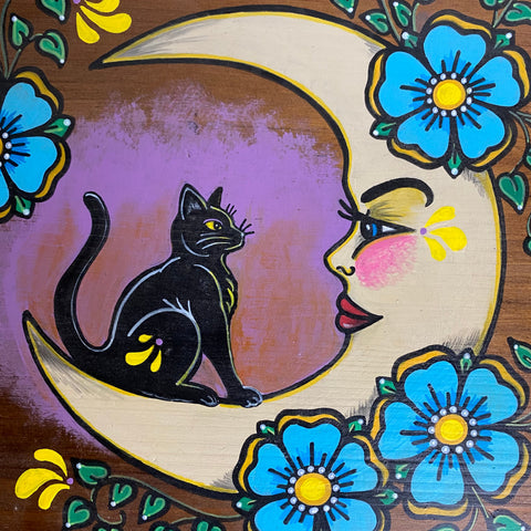 Black Cat and Moon Folk Art Wood Altar Table Stand