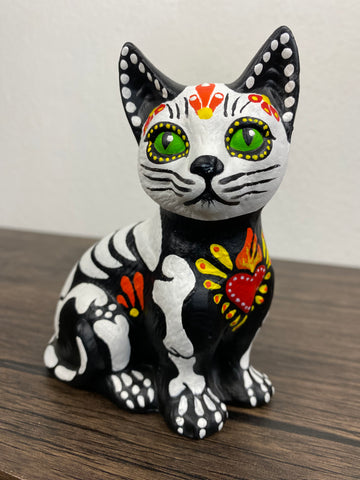 Day of the Dead Skeleton CAT Ceramic Dia de los Muertos 5” Statue Figurine with Sacred Heart