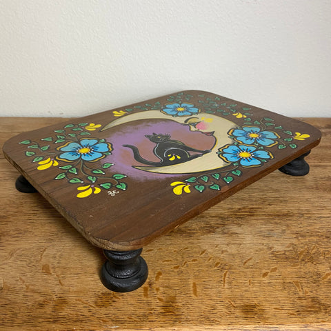 Black Cat and Moon Folk Art Wood Altar Table Stand