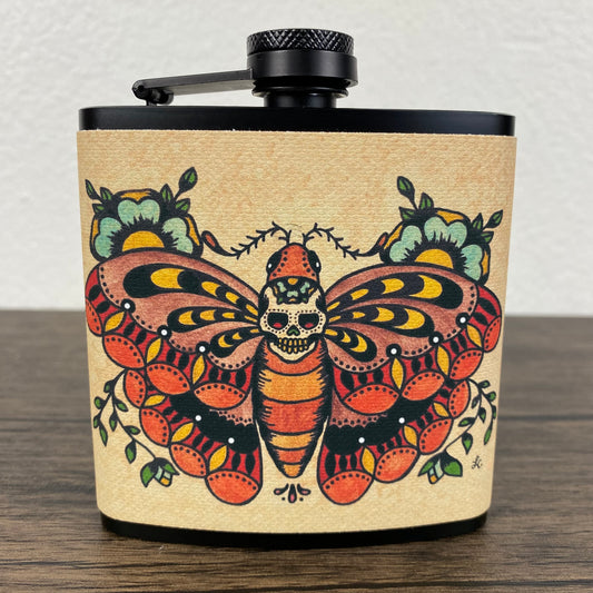 Death Moth Flask Traditional Tattoo Art 6 Oz, Black, Stainless Steel with Funnel