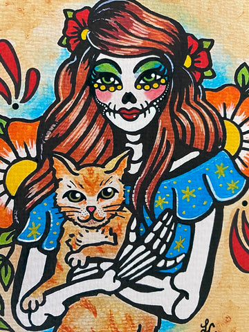 Dia De Los Muertos Woman and Ginger Cat Art Print