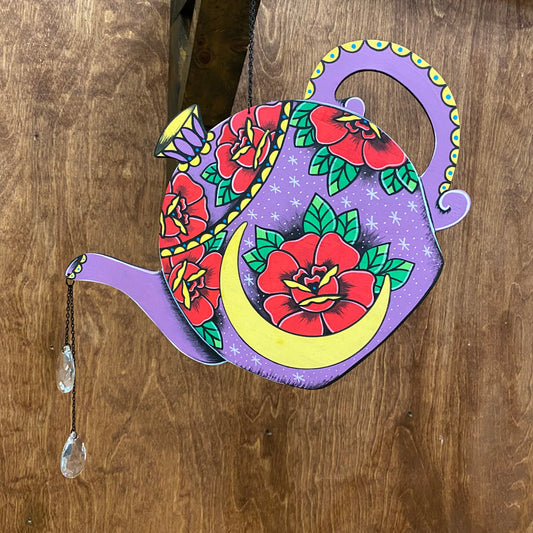 Traditional Tattoo Tea Pot Wall Hanging with Glass Crystals - Hand Painted Wood Art