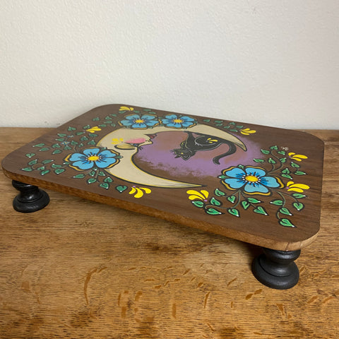 Black Cat and Moon Folk Art Wood Altar Table Stand