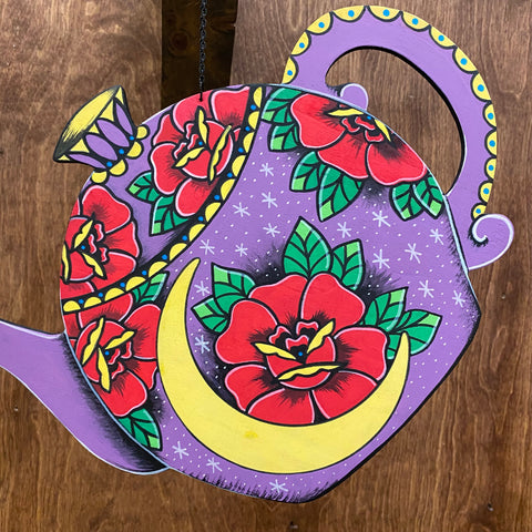 Traditional Tattoo Tea Pot Wall Hanging with Glass Crystals - Hand Painted Wood Art