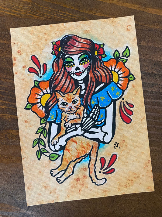 Dia De Los Muertos Woman and Ginger Cat Art Print