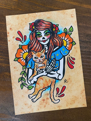 Dia De Los Muertos Woman and Ginger Cat Art Print