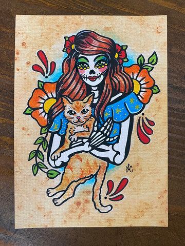 Dia De Los Muertos Woman and Ginger Cat Art Print