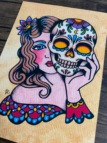 Day of the Dead Sugar Skull Mask Traditional Tattoo Art Print