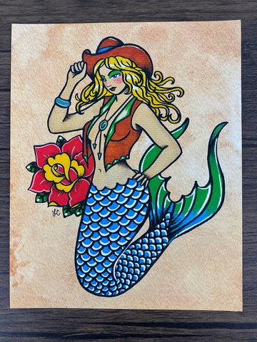 Cowgirl Mermaid Traditional Tattoo Southwest Art Print