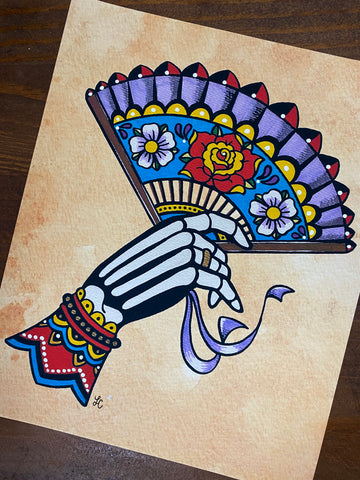 Day of the Dead La Catrina Skeleton Hand with Fan Traditional Tattoo Art Print