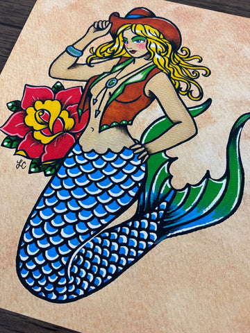 Cowgirl Mermaid Traditional Tattoo Southwest Art Print