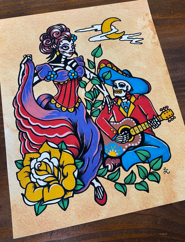 "Moonlight Serenade" Dia De Los Muertos Romantic Couple Art Print