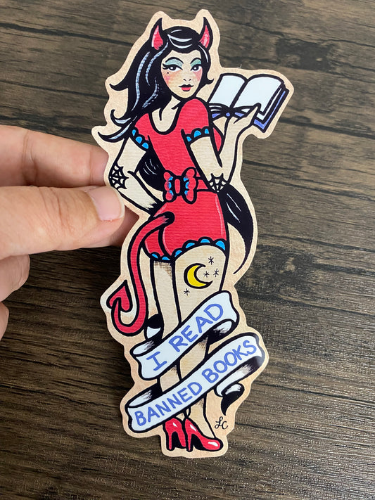 Devil Girl Pinup Traditional Tattoo "I Read Banned Books" Vinyl Sticker Decal