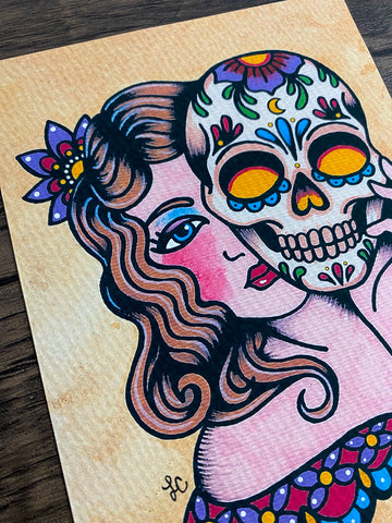 Day of the Dead Sugar Skull Mask Traditional Tattoo Art Print