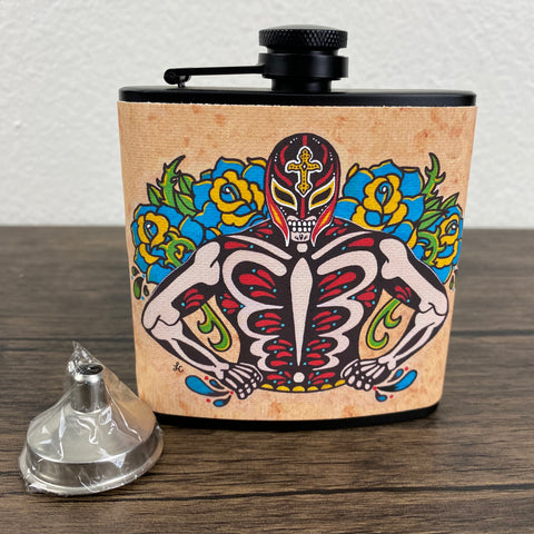 Luchador Flask Day of the Dead Wrestler 6 Oz, Black, Stainless Steel with Funnel