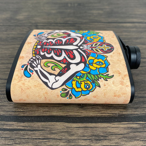 Luchador Flask Day of the Dead Wrestler 6 Oz, Black, Stainless Steel with Funnel