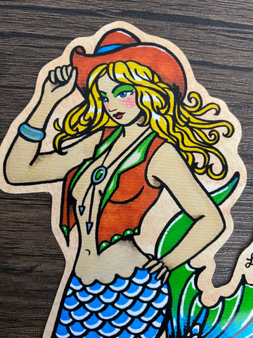 Traditional Tattoo Western Cowgirl Mermaid Pinup Vinyl Sticker Decal