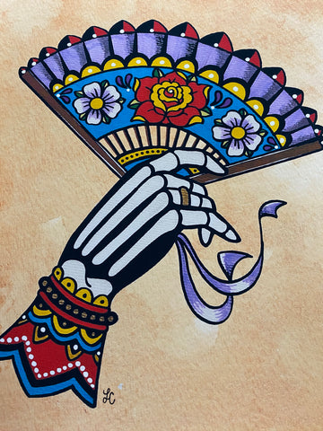 Day of the Dead La Catrina Skeleton Hand with Fan Traditional Tattoo Art Print